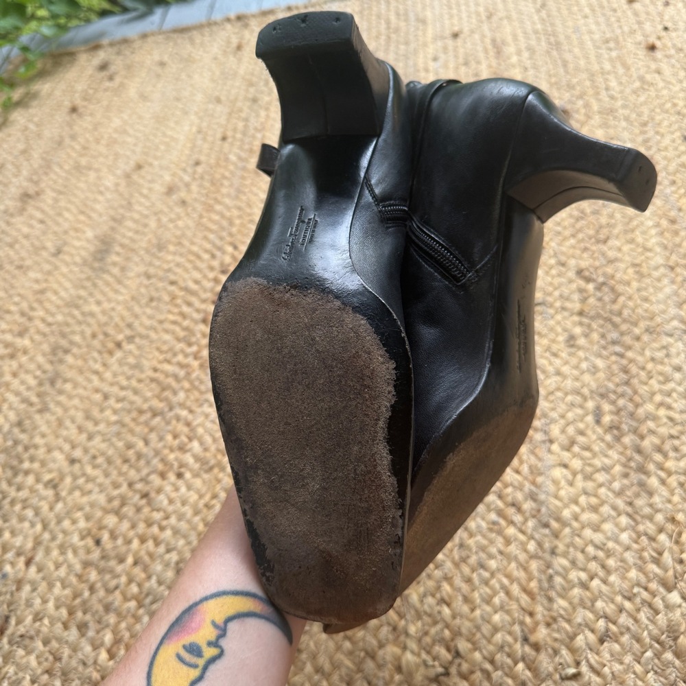 Salvatore Ferragamo Black Leather Square Toe Ankle Boots Block Heel Italy 10 B - Picture 5 of 11